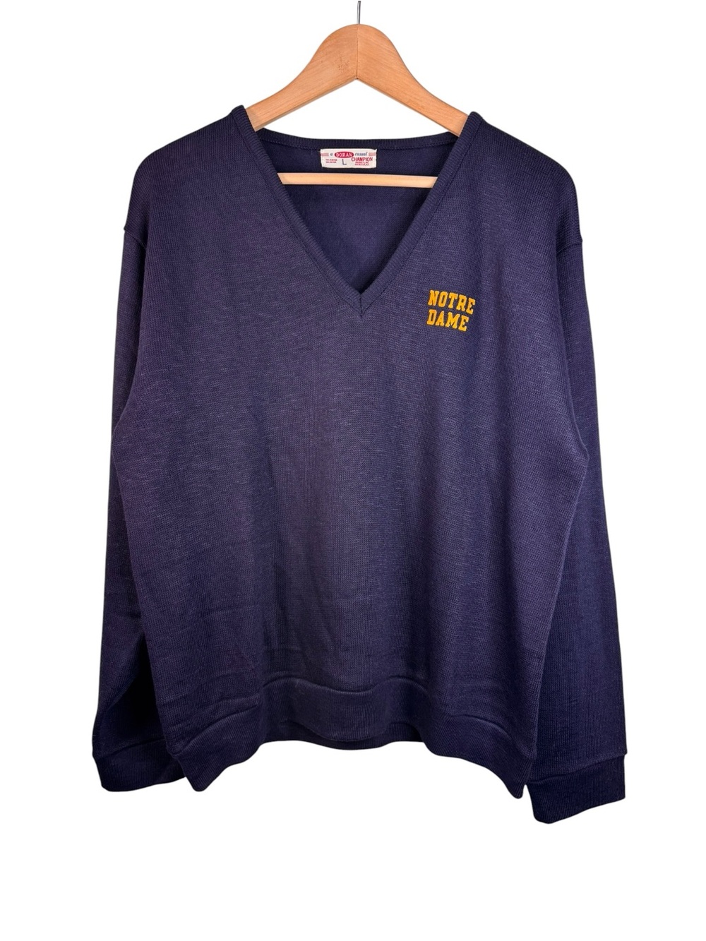 Vintage Champion Notre Dame V-Neck Sweater Size Large Navy Blue Pullover NCAA